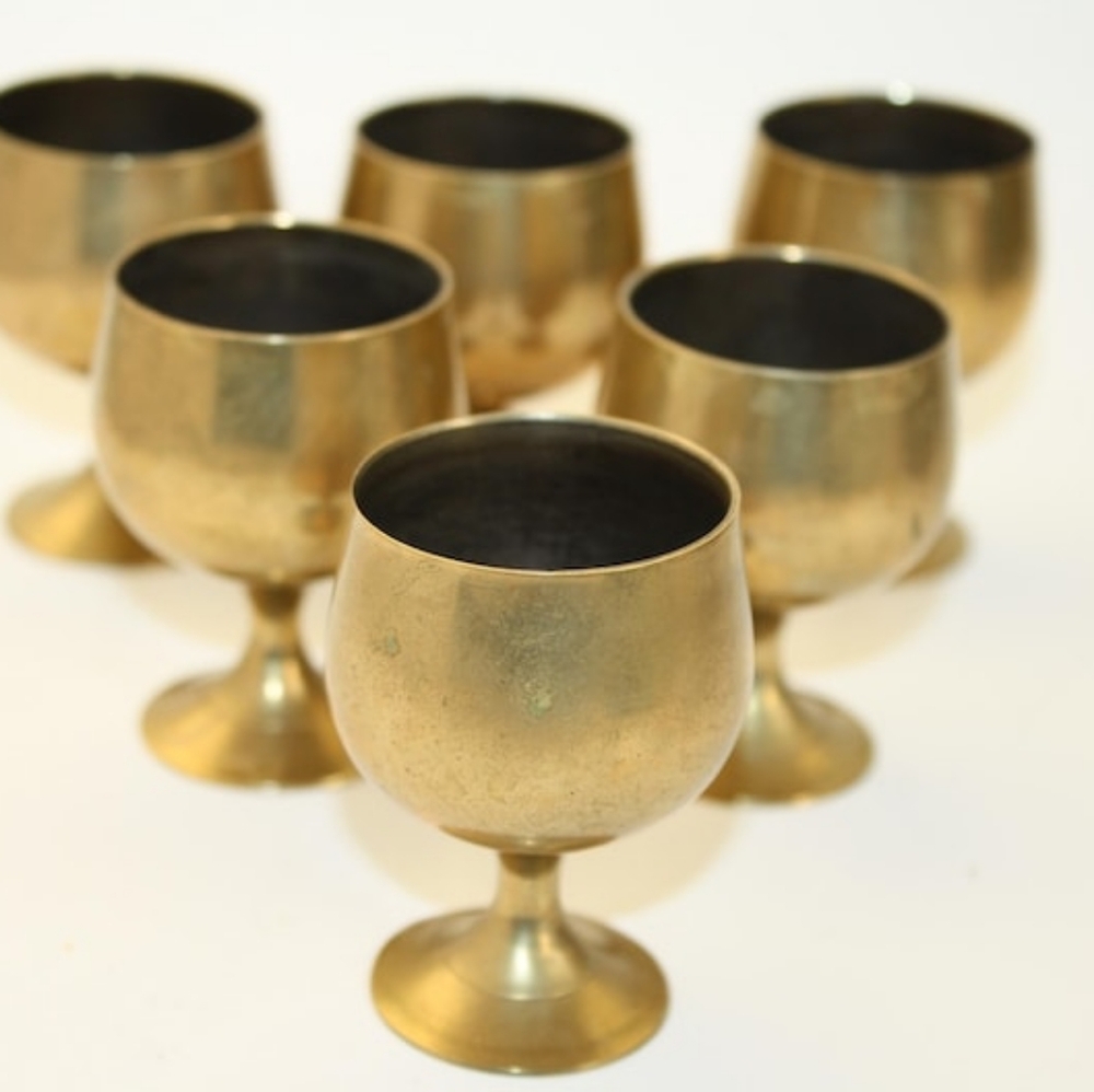 Set Of 6 Brass Shot Glasses Liquer Goblets Vintage Mini Goblets Barware